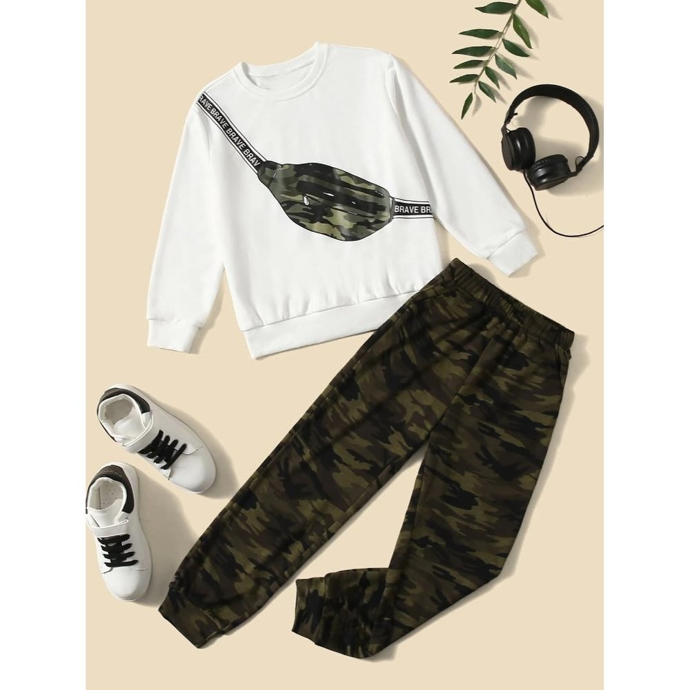 NEW SHEIN Boys Camo Bag And Letter‎ Graphic Pullover & Sweatpants Size 9Y